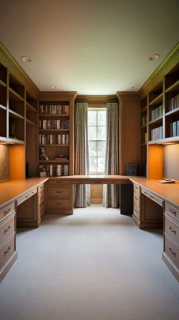 Built-in desks create a highly functional and stylish U-shaped home office workspace.