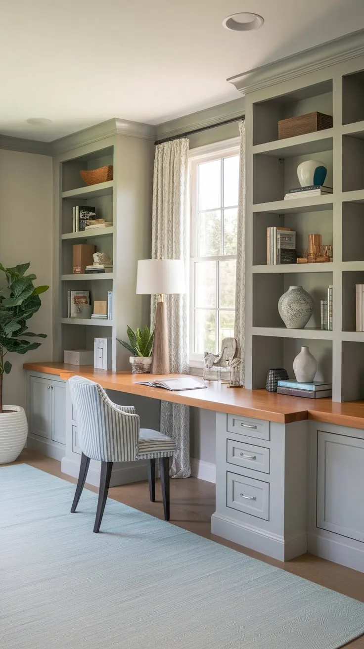 Custom built-in shelves and a wood desk create a functional and stylish home office workspace.