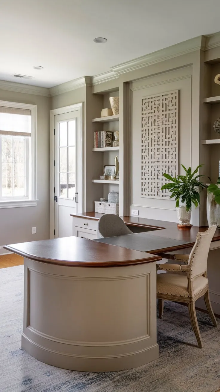 This home office boasts a stunning wrap-around built-in desk, creating a functional and aesthetically pleasing workspace.