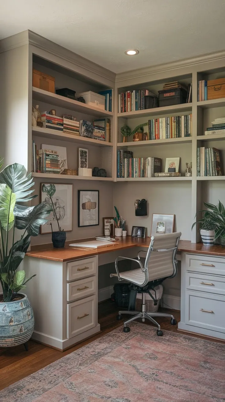 A cozy home office boasts built-in L-shaped desk and shelving, creating a functional and inviting workspace