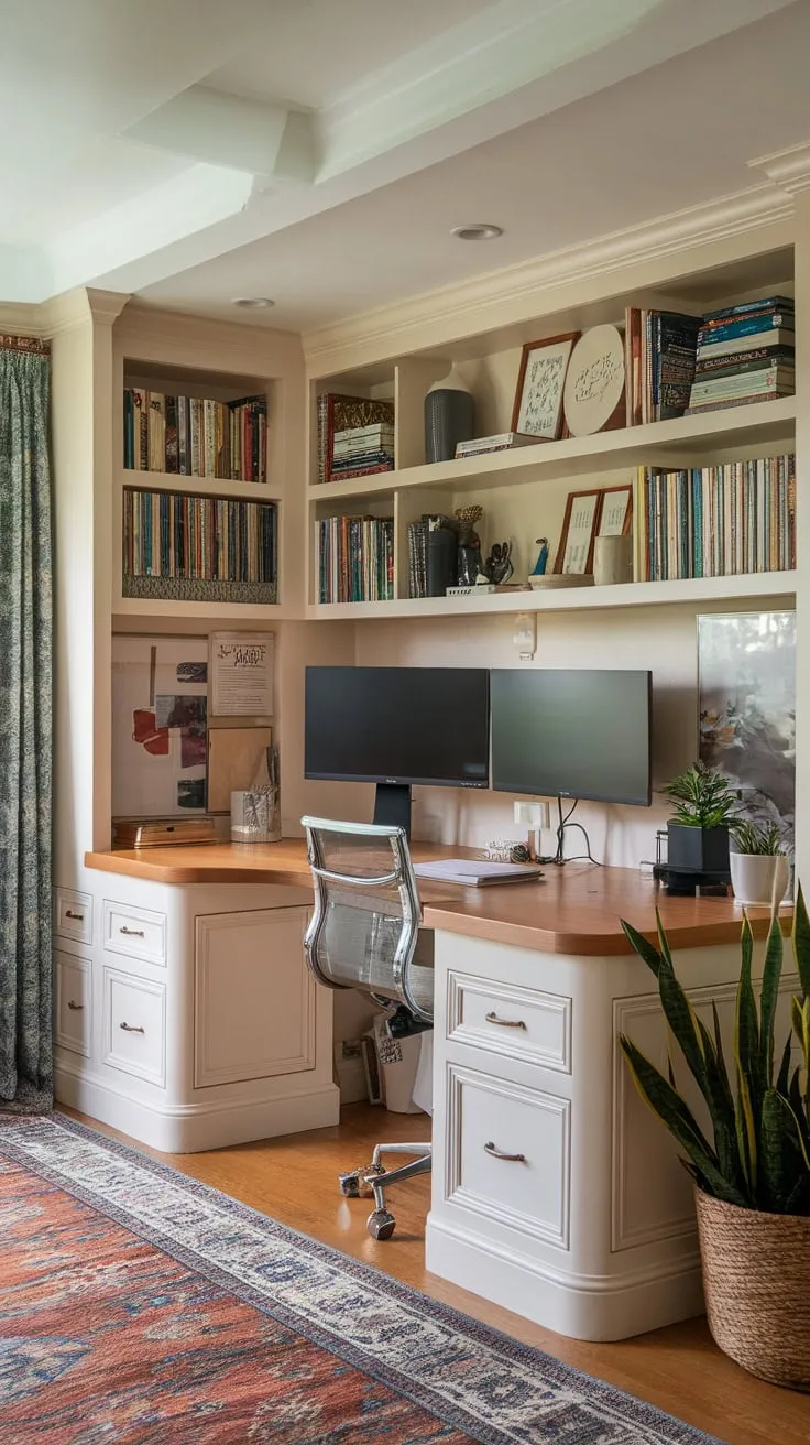 A cozy living room boasts a U-shaped built-in desk with ample storage, two monitors, and a welcoming atmosphere