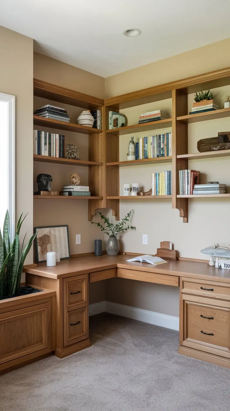 A beige-walled home office boasts a custom L-shaped wooden desk and overhead shelving, perfectly blending functionality and aesthetic appeal.
