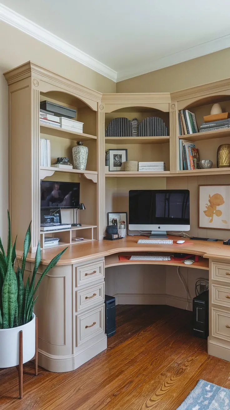 Transform your home office with a stylish U-shaped built-in desk, seamlessly integrating storage and workspace.