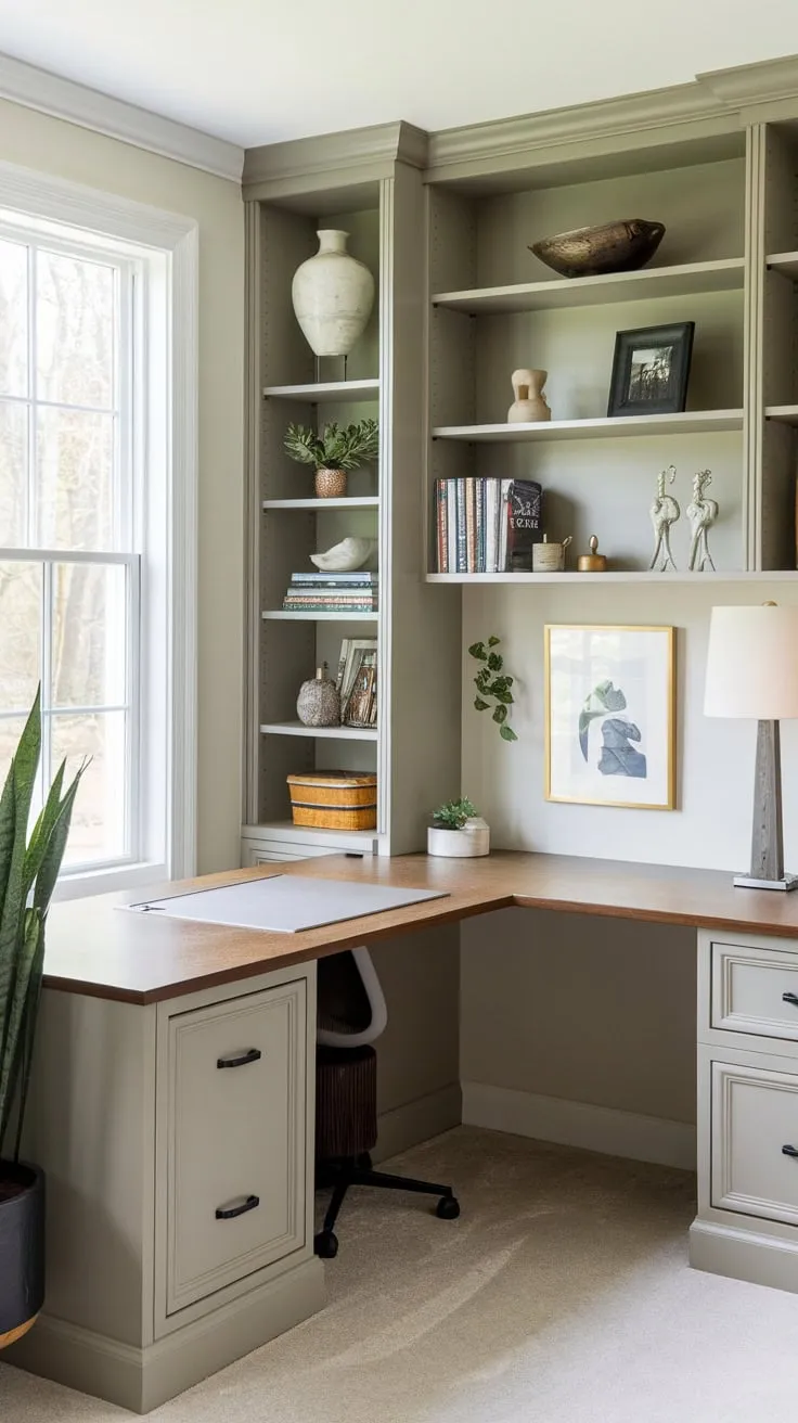 Maximize workspace and style with a U-shaped desk featuring built-in storage, nestled beneath a window in a home office boasting custom shelving and charming décor