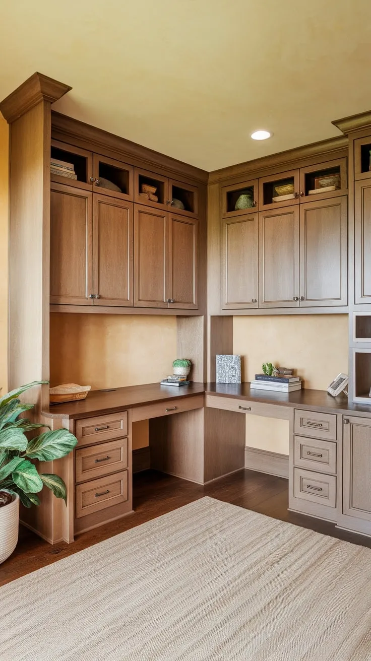 A warm, inviting home office boasts a U-shaped built-in wood desk and ample overhead cabinets for ultimate functionality and style