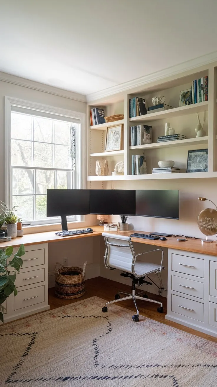 Maximize workspace and style with a U-shaped built-in home office desk featuring ample shelving and natural light