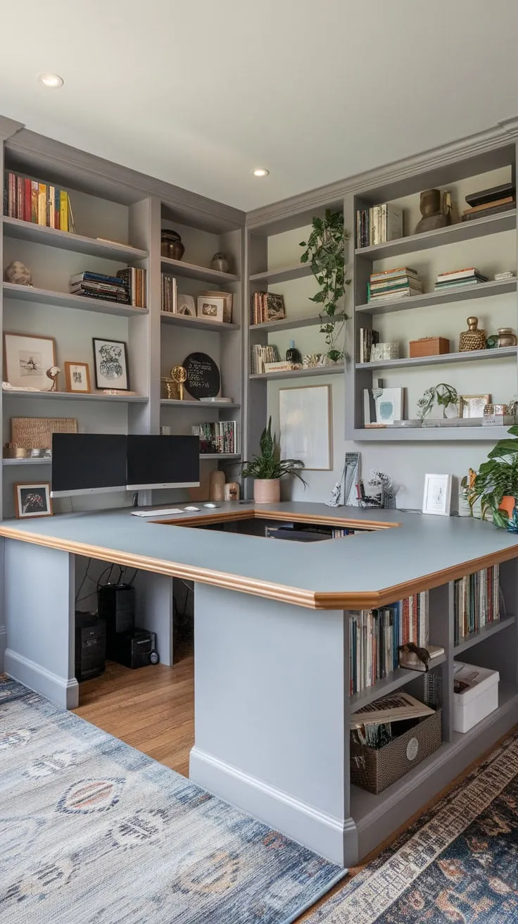 A cozy light grey home office boasts a U-shaped desk with ample built-in storage and dual monitors, complemented by shelves and plants