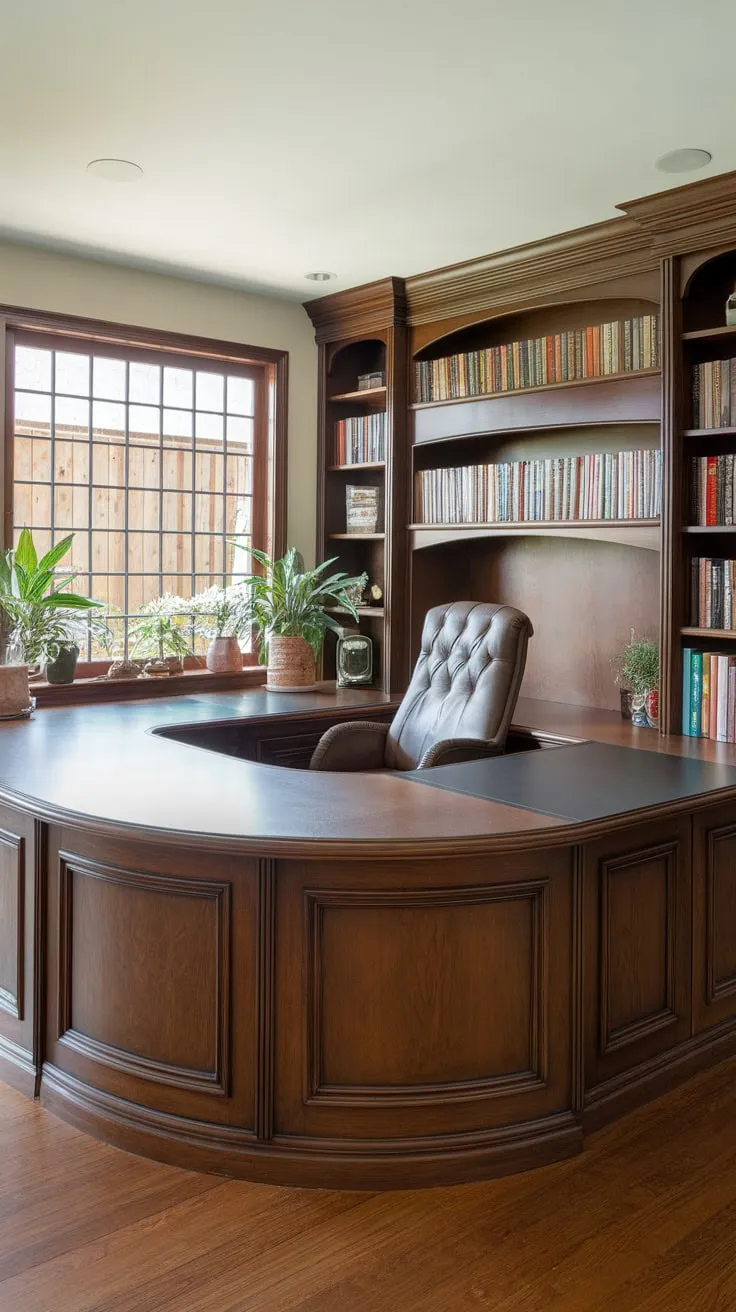 Maximize space and style with a custom U-shaped home office built-in desk featuring a wrap-around design and built-in bookshelves.