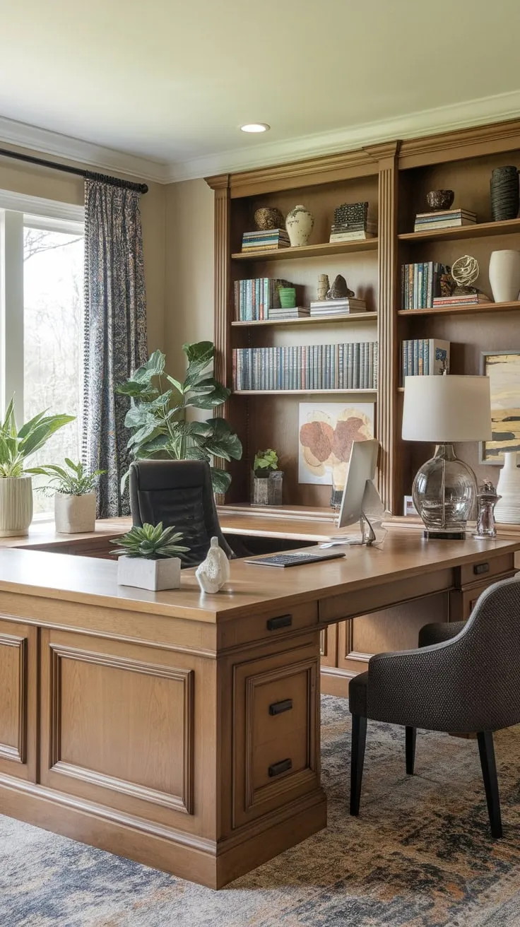 A calming beige home office boasts a U-shaped wooden built-in desk, complete with workspace essentials and a charming bookshelf