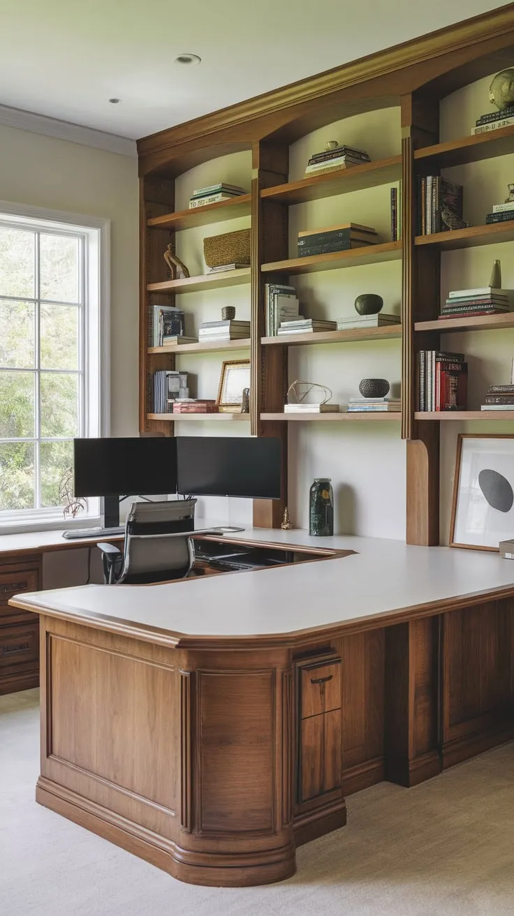A U-shaped desk with wood veneer and white top, nestled amongst built-in shelves overflowing with books and decor, overlooks a verdant view from a bright home office window