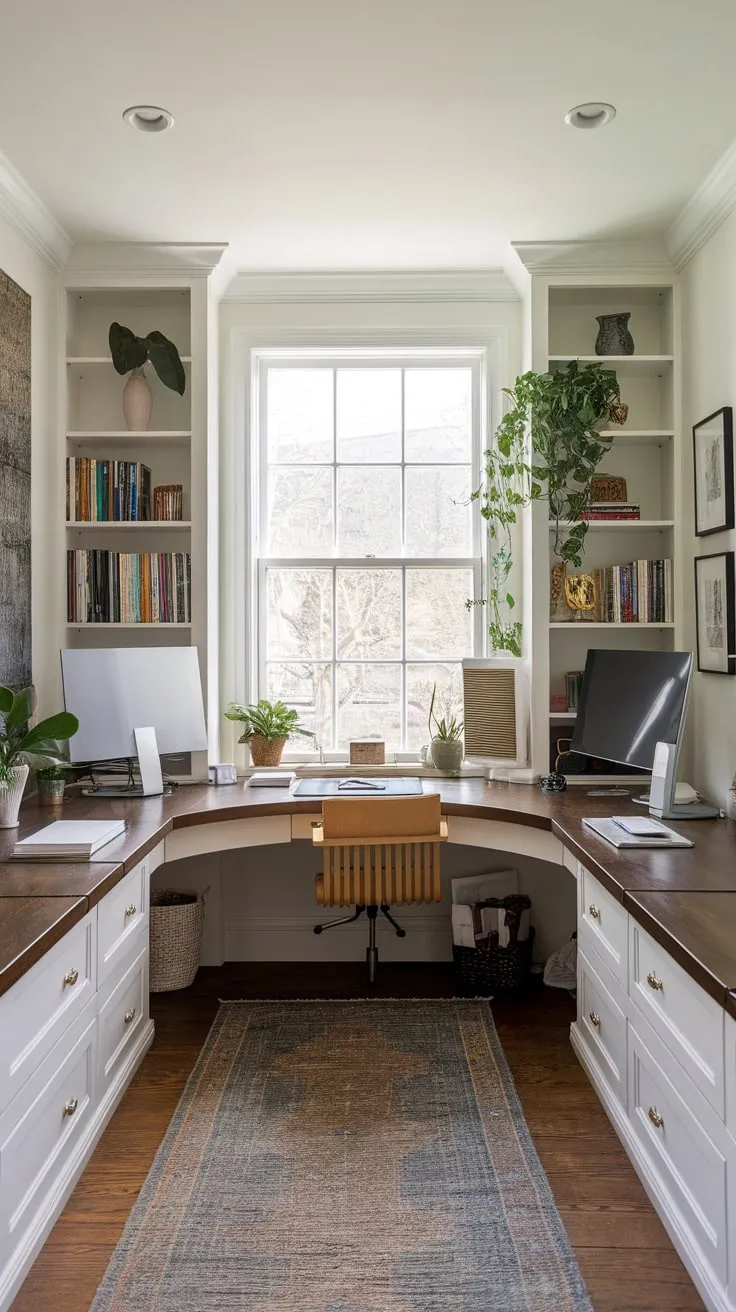 Maximize your home office with a U-shaped built-in desk, abundant natural light, and integrated shelving for a stylish and functional workspace