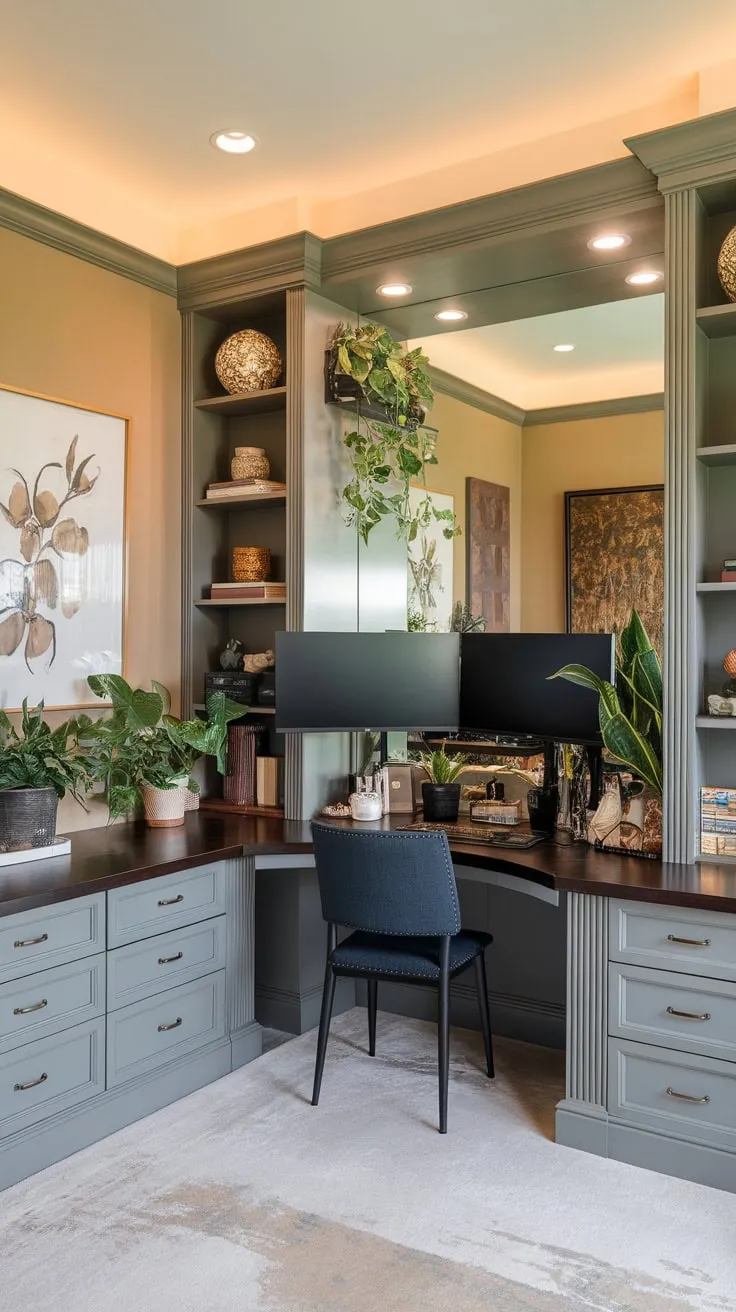A warm home office boasts built-in shelves, a dark wrap-around desk perfect for dual monitors, and stylish accents creating a productive yet inviting workspace
