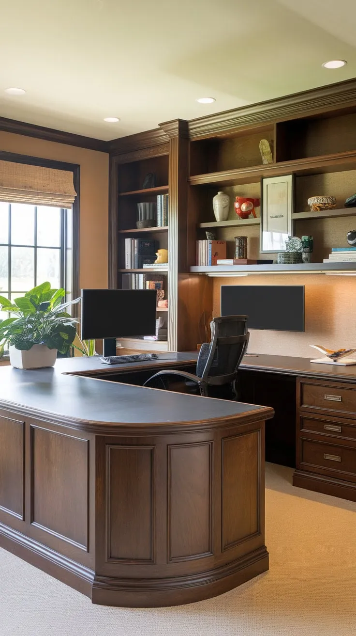 A warm, inviting home office boasts a U-shaped built-in desk with ample storage, dual monitors, and a touch of greenery