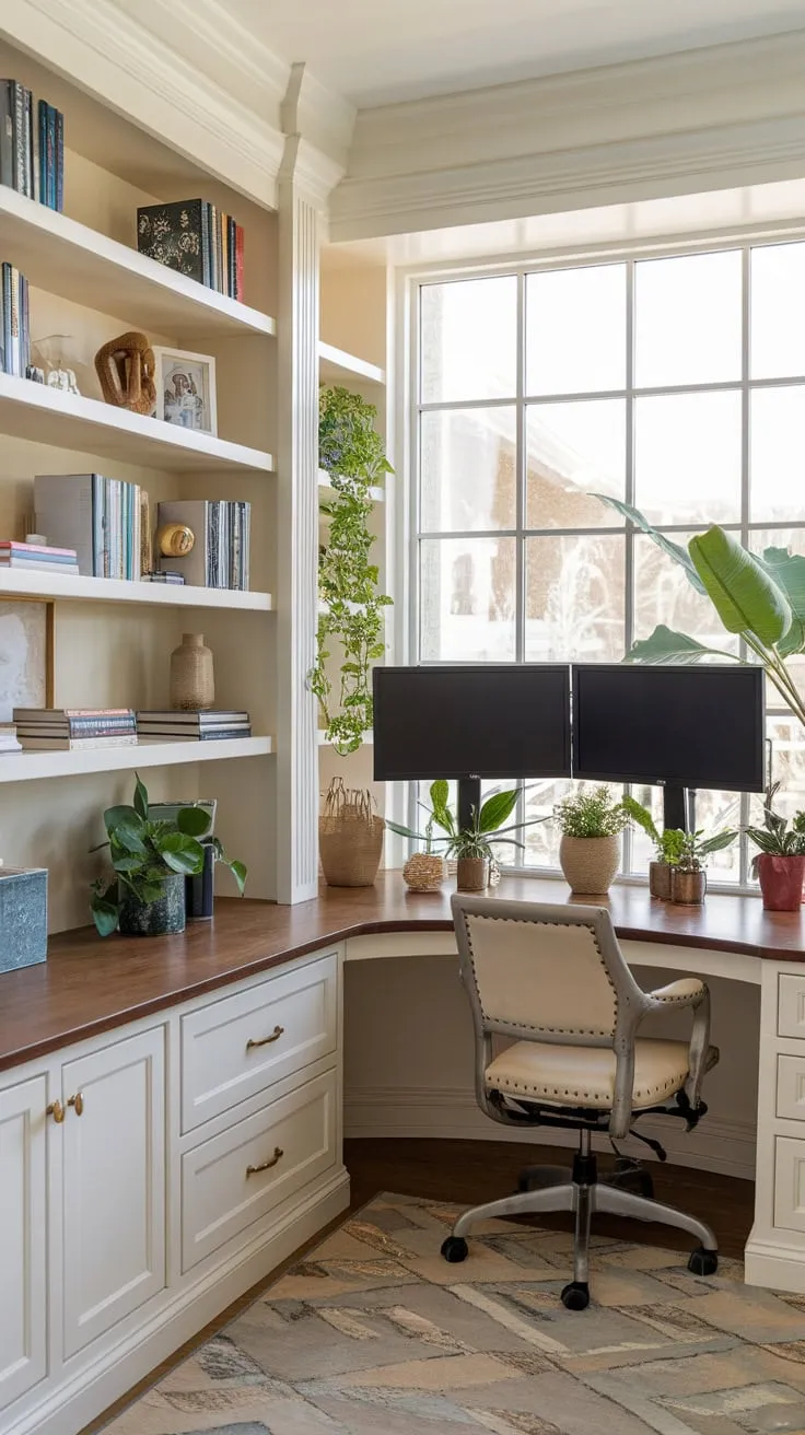 Maximize workspace efficiency with a stunning home office featuring built-in shelves, a wrap-around dual-monitor desk, and abundant natural light