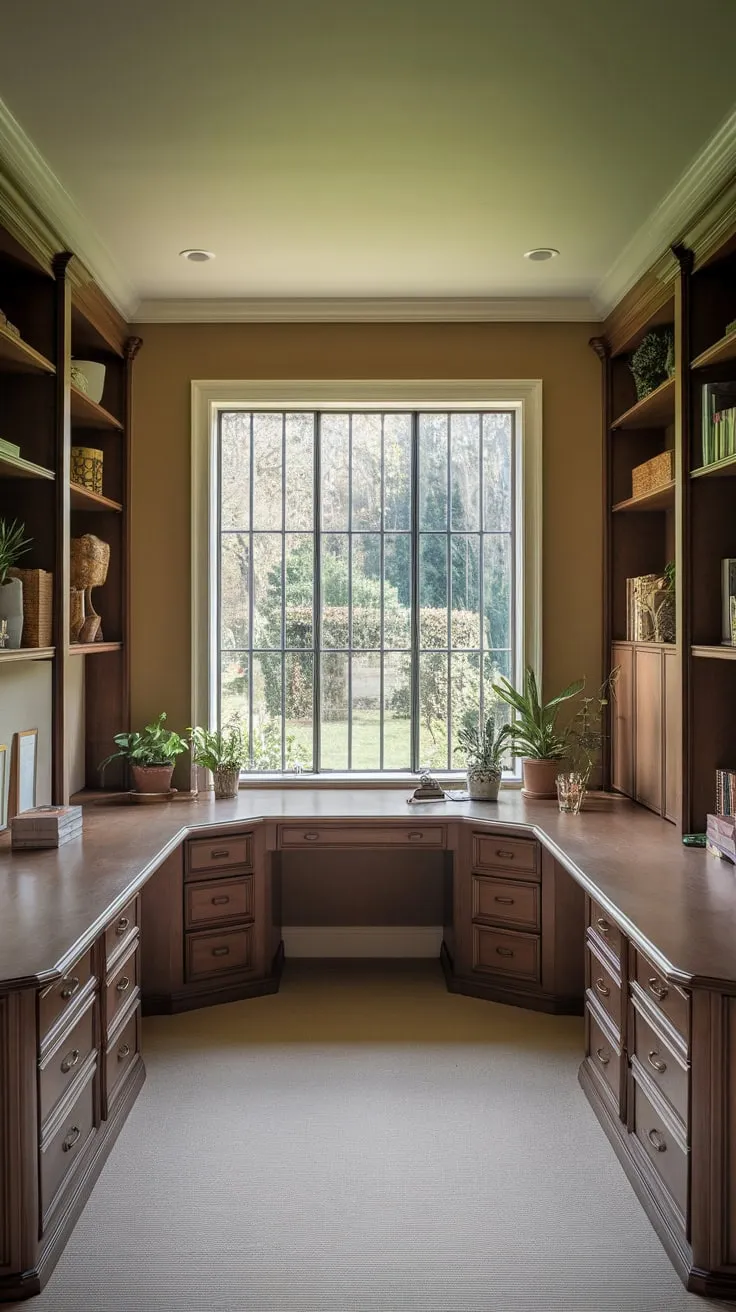 A warm, sunlit home office boasts a U-shaped built-in desk and shelves maximizing space and garden views
