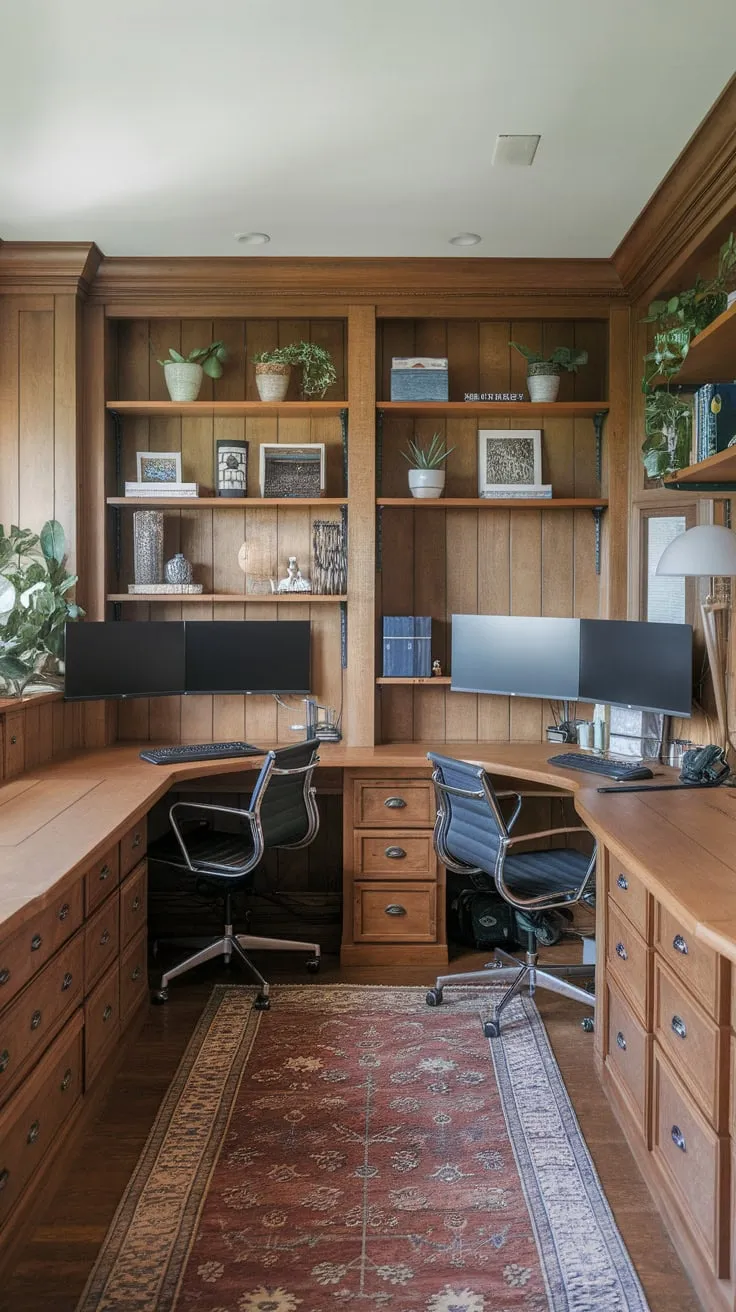 A U-shaped home office boasts built-in wrap-around desks, dual monitors, and wood-paneled walls creating a stylish and functional workspace