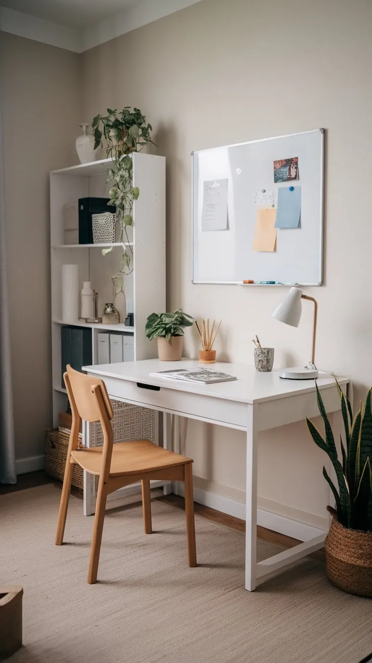 A beige rug anchors a simple yet productive home office corner, complete with essential desk items and a calming aesthetic within an apartment.