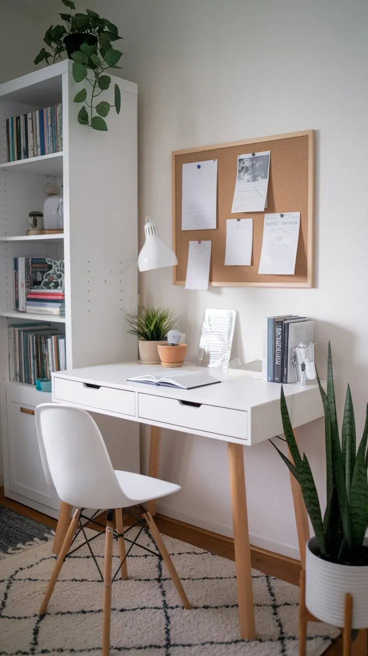 A minimalist home office corner features a white IKEA desk, a corkboard, and pops of green, creating a small, functional workspace perfect for apartments.
