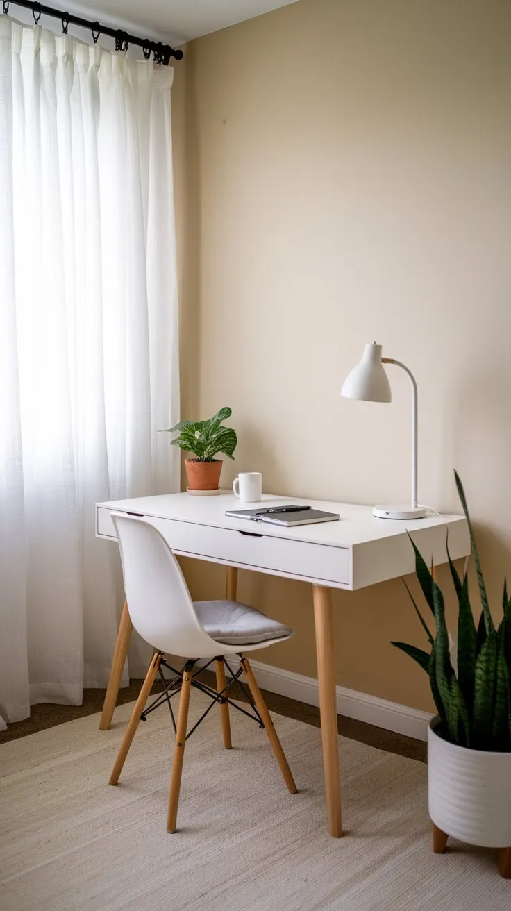 A minimalist home office corner features a white IKEA desk with natural wood legs, a comfortable chair, and subtle greenery against a calming beige backdrop.