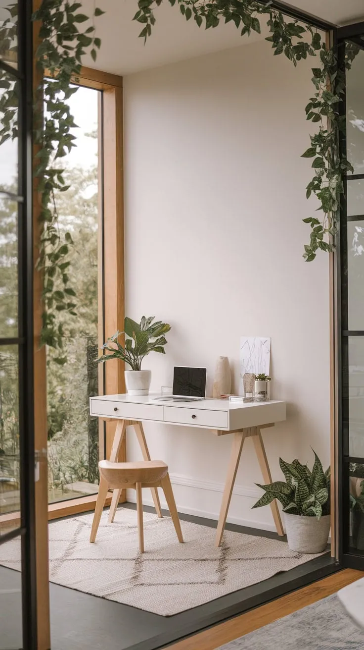 Sunlight streams into a calming home office corner showcasing a clean white desk, natural wood elements, and minimalist décor for focused productivity.