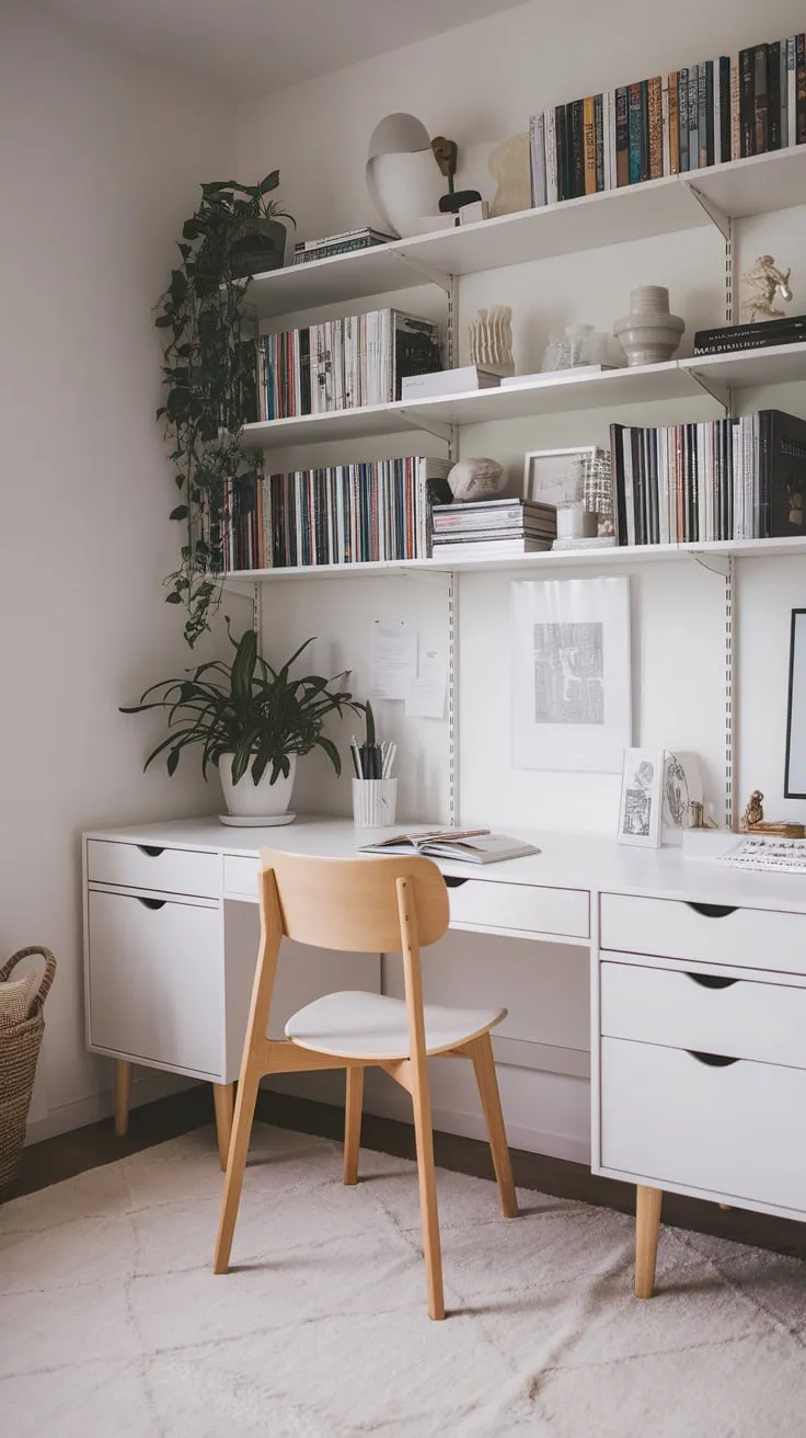 A serene white home office corner boasts a minimalist design with natural wood accents, creating a peaceful workspace.