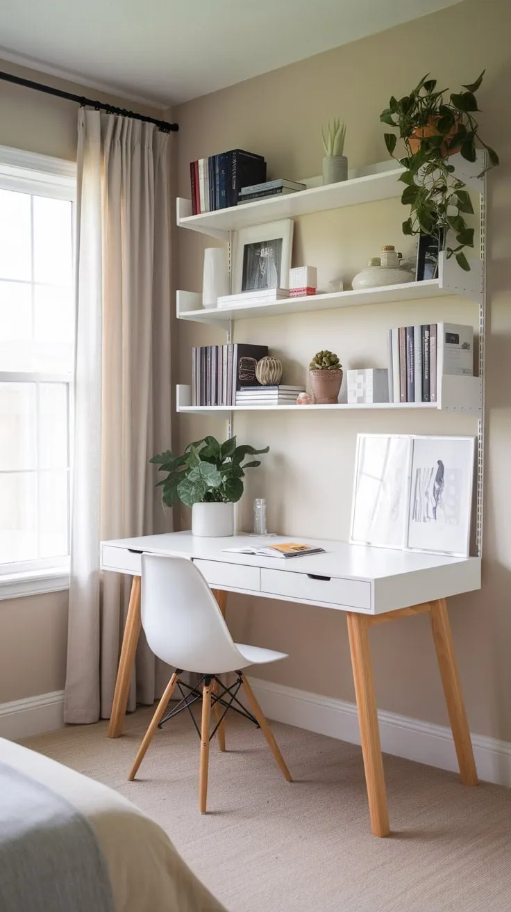Natural light illuminates a calming beige bedroom workspace where a white IKEA desk and a charming bookshelf create a minimalist home office haven.