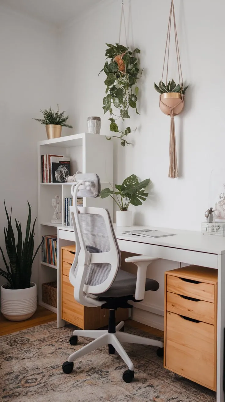A minimalist home office corner features a white Ikea desk, ergonomic chair, and natural wood accents complemented by a bookshelf, hanging planters, and an area rug.