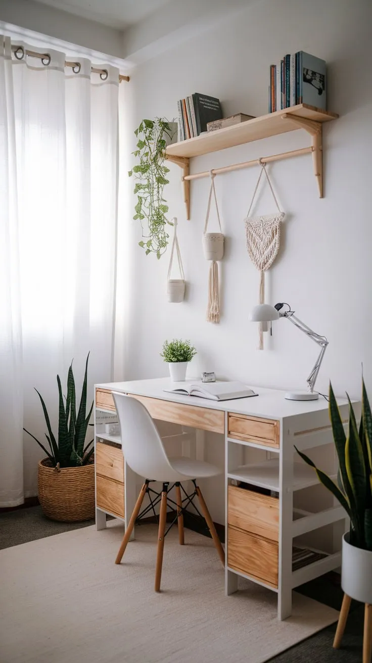 Natural wood and greenery complement a calming white IKEA desk in this minimalist home office corner, creating a peaceful workspace.