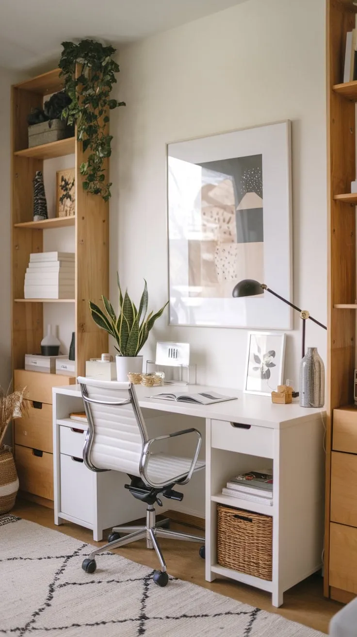 Natural wood and minimalist design combine in a calming home office corner featuring an IKEA desk and carefully curated accessories.