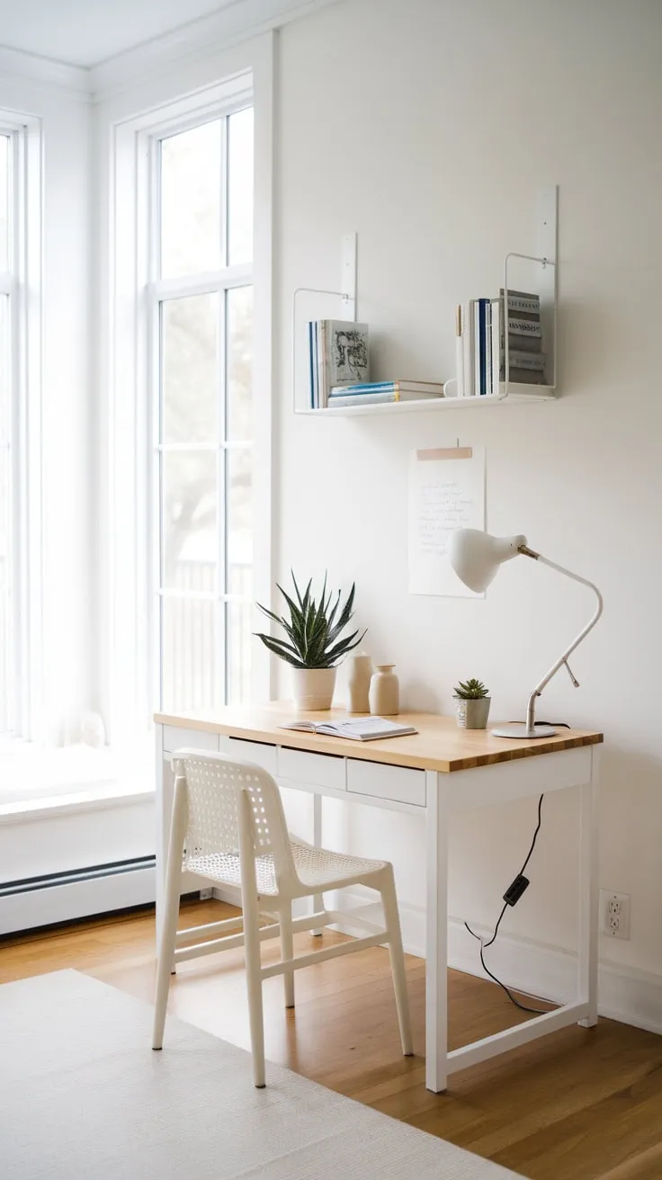 Sunlight streams into a minimalist home office featuring a clean white and wood desk, a few carefully chosen items, and a simple bookshelf.