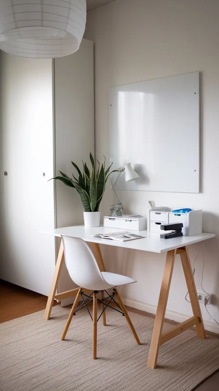 A bright and functional apartment workspace boasts a white IKEA desk with natural wood accents, complemented by a white chair and organized accessories on a beige rug.