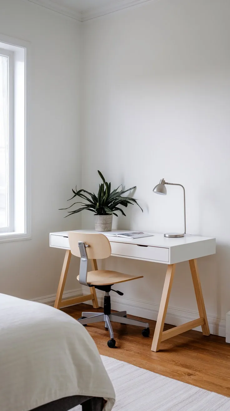 Sunlight streams into a serene bedroom workspace featuring a white desk, minimalist chair, and a potted plant adding life to the wooden-floored space.
