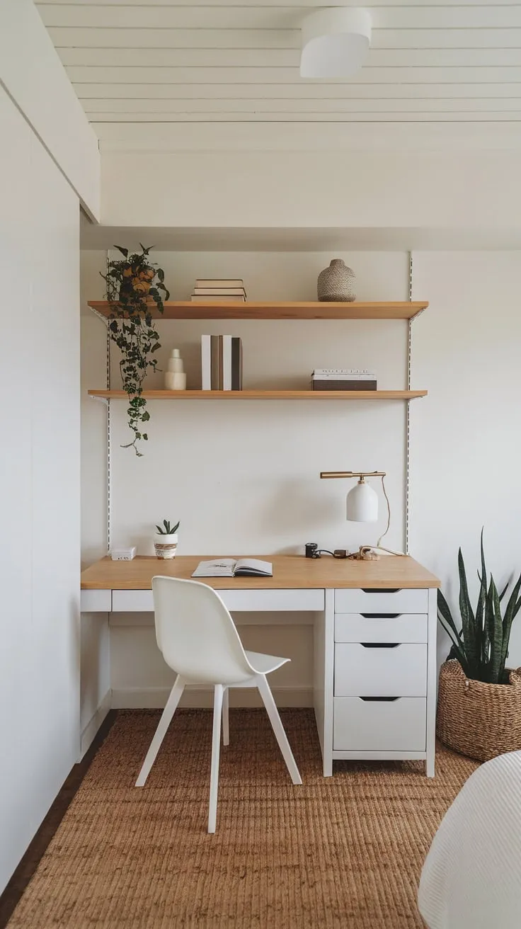 Natural wood and white create a peaceful and functional home office nook within a minimalist bedroom.