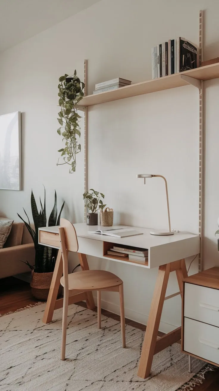A minimalist apartment boasts a serene home office corner featuring a white desk, natural wood accents, and carefully curated plants and books.