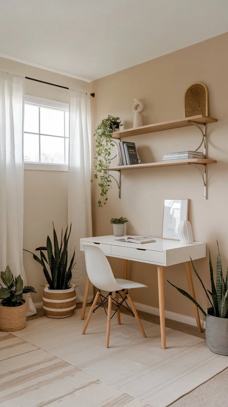 A minimalist home office corner boasts a serene workspace with natural wood accents, pops of greenery, and a calming beige backdrop.
