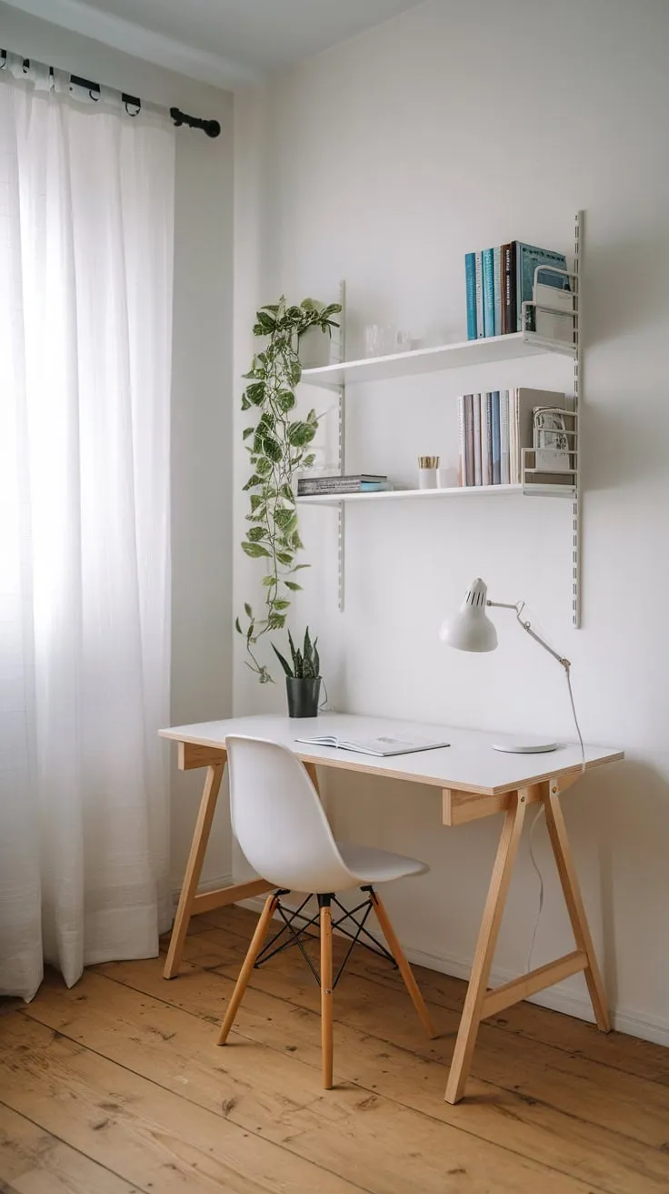 Clean white walls and natural wood floors complement a bright and functional IKEA-based workspace in a minimalist home office corner.