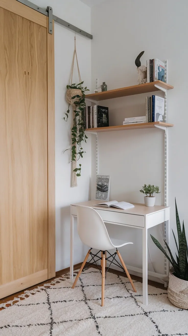 A serene minimalist home office corner features a white desk, bookshelf, and hanging planter, all complemented by a white rug and natural wood door.