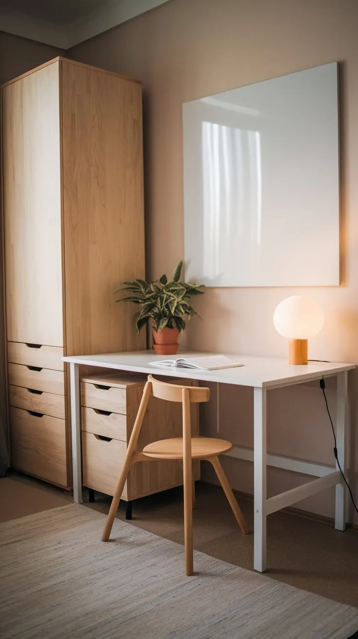 Soft lighting and natural wood complement a minimalist IKEA desk in a calming apartment home office corner.