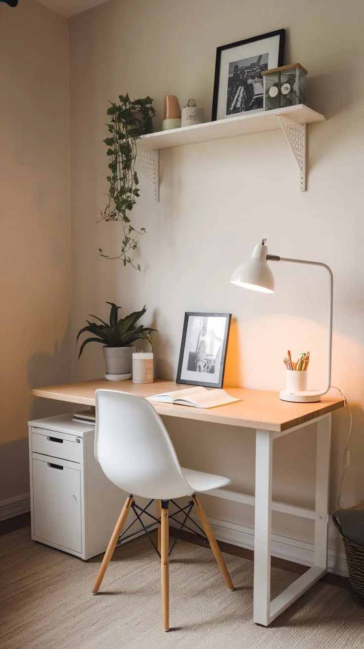 A minimalist home office corner features a warm, inviting space with an Ikea desk, natural wood accents, and carefully curated white and natural elements.