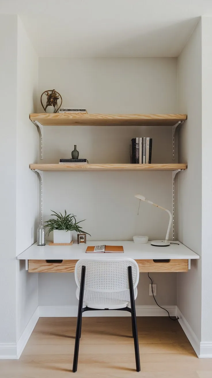 A serene minimalist home office corner features a white desk, natural wood shelves, and soft natural light, creating a productive yet calming workspace.