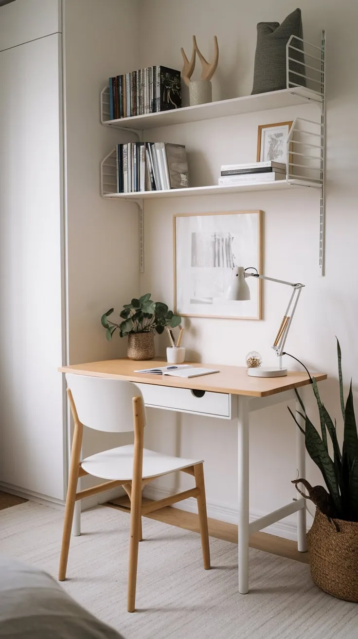 A minimalist bedroom home office corner features a light wood and white IKEA desk, chair, and shelving, creating a serene workspace.