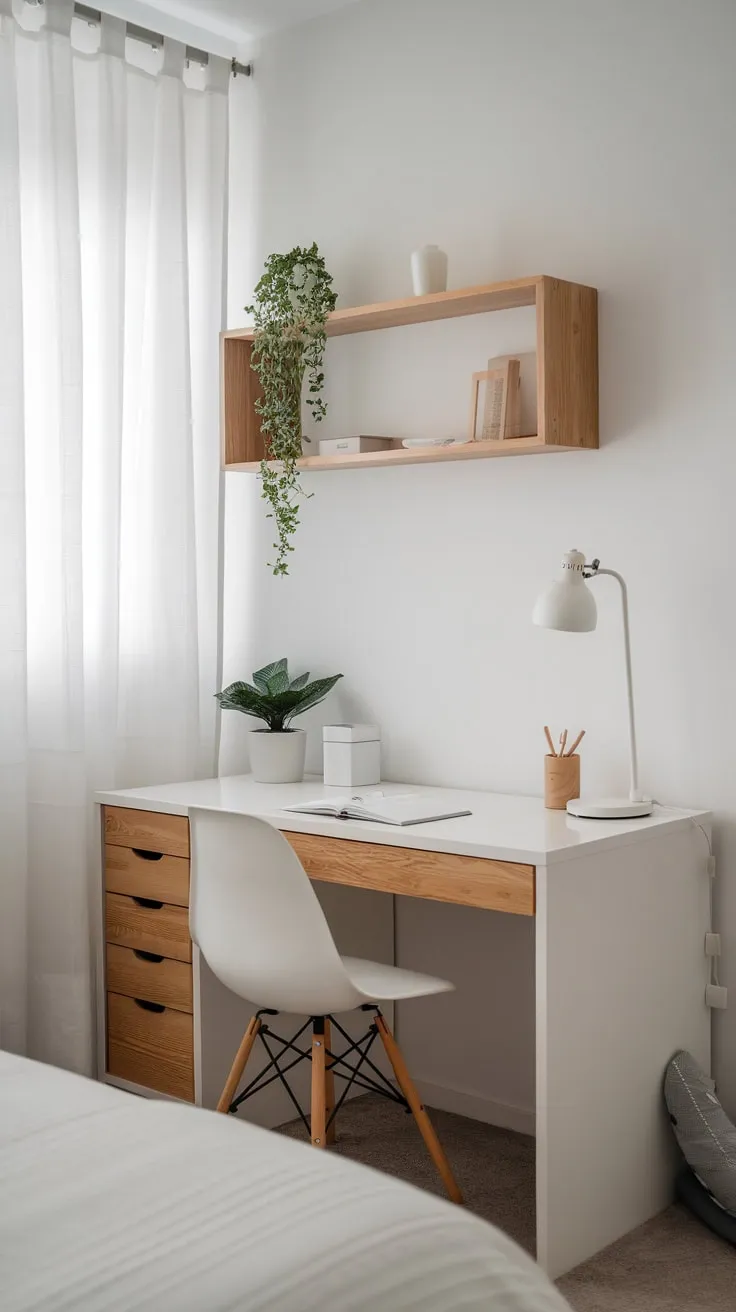 A calming white and wood home office nook, tucked into a bedroom, offers a functional yet stylish workspace.