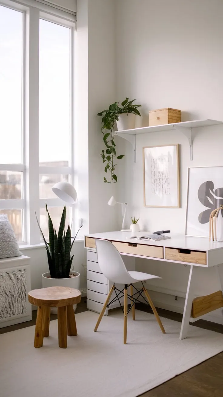 Natural light floods a calming home office corner featuring a white IKEA desk, wooden elements, and carefully curated personal touches.
