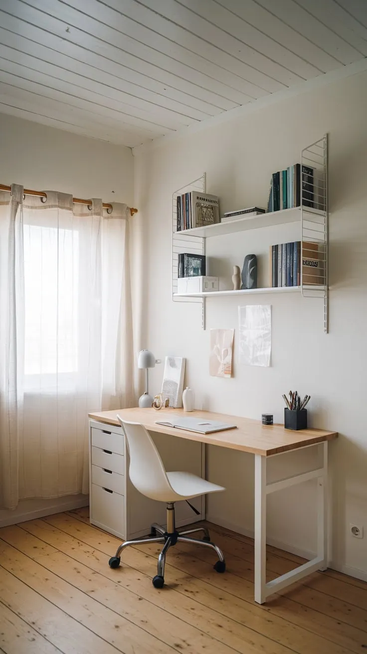 A minimalist apartment boasts a serene home office corner featuring a light wood and white IKEA desk, a simple chair, and curated shelving against a backdrop of natural wood floors and a bright window.