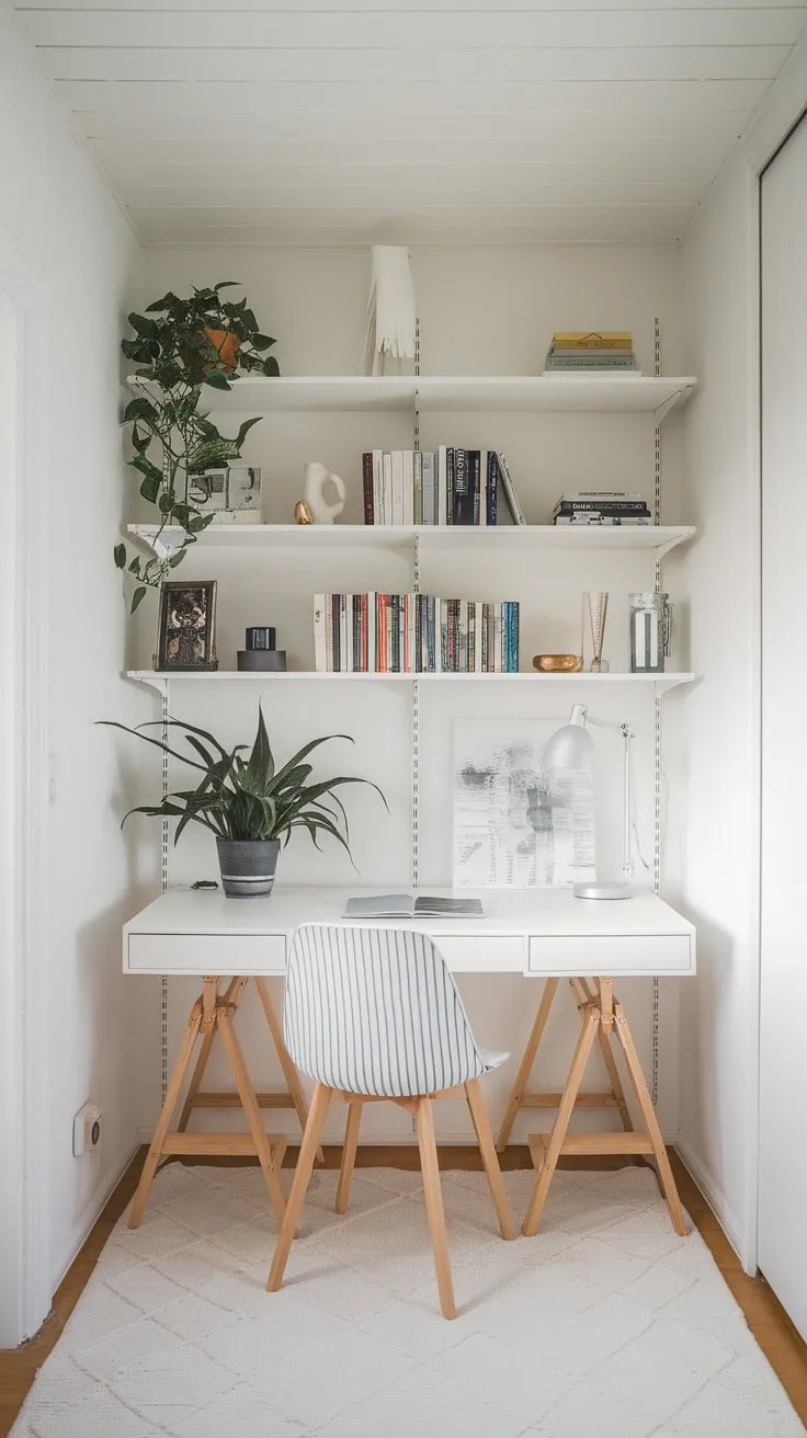 Clean lines and a white-on-white aesthetic define this minimalist home office corner, brightened by a touch of nature.