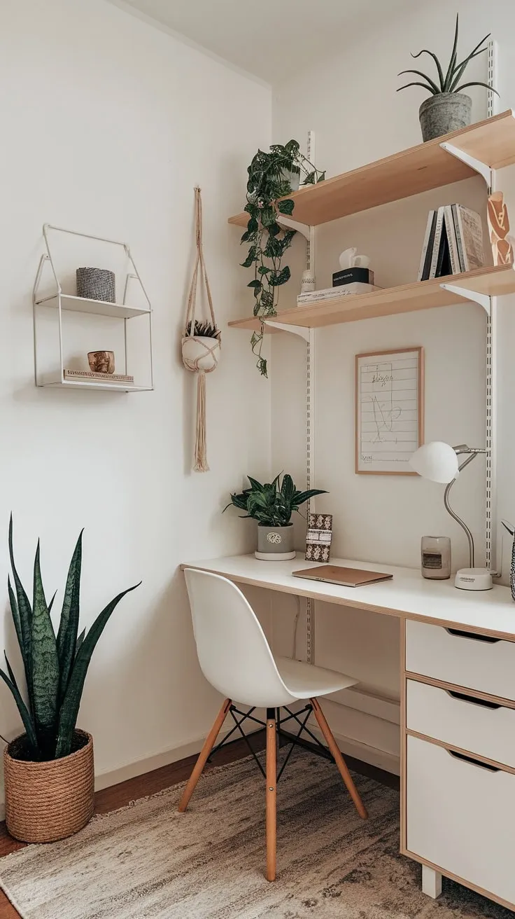 A minimalist home office corner boasts a white desk, natural wood shelves, and greenery, creating a serene workspace in a small apartment