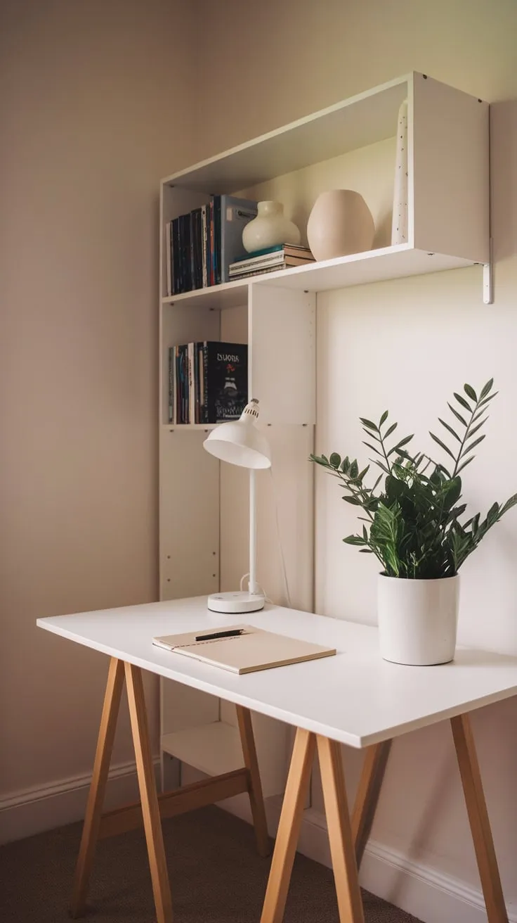 A minimalist home office corner features a white IKEA desk with natural wood legs, complemented by a white bookshelf and warm natural light, creating a serene workspace.