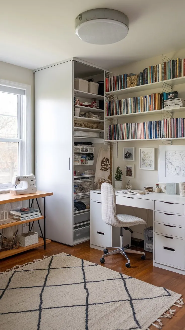 Where work meets wonder! This home office playroom combo seamlessly blends adult productivity with kids' creative energy.  The playroom desk anchors the space, while the loft playroom offers a dedicated area for imaginative play.  With designated kids study spaces, homeschool room decor, a guest room playroom, and even a boys shared room, this design caters to every family need.