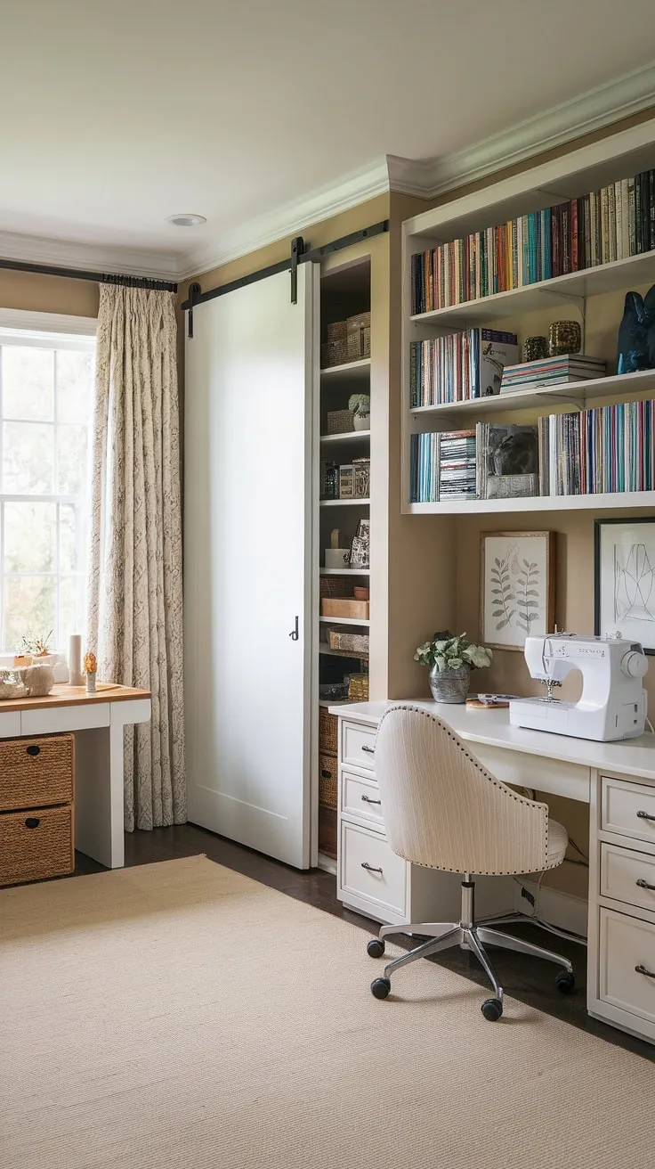 My home office craft room combo is finally complete!  This office craft room combo was a labor of love, a true dream craft room realized during the One Room Challenge.  Challenge week revealed the perfect craft space, featuring a white desk, a dedicated craft room closet, and even a sewing room design element with my sewing machine tucked away.  The craft room design is everything I hoped for.