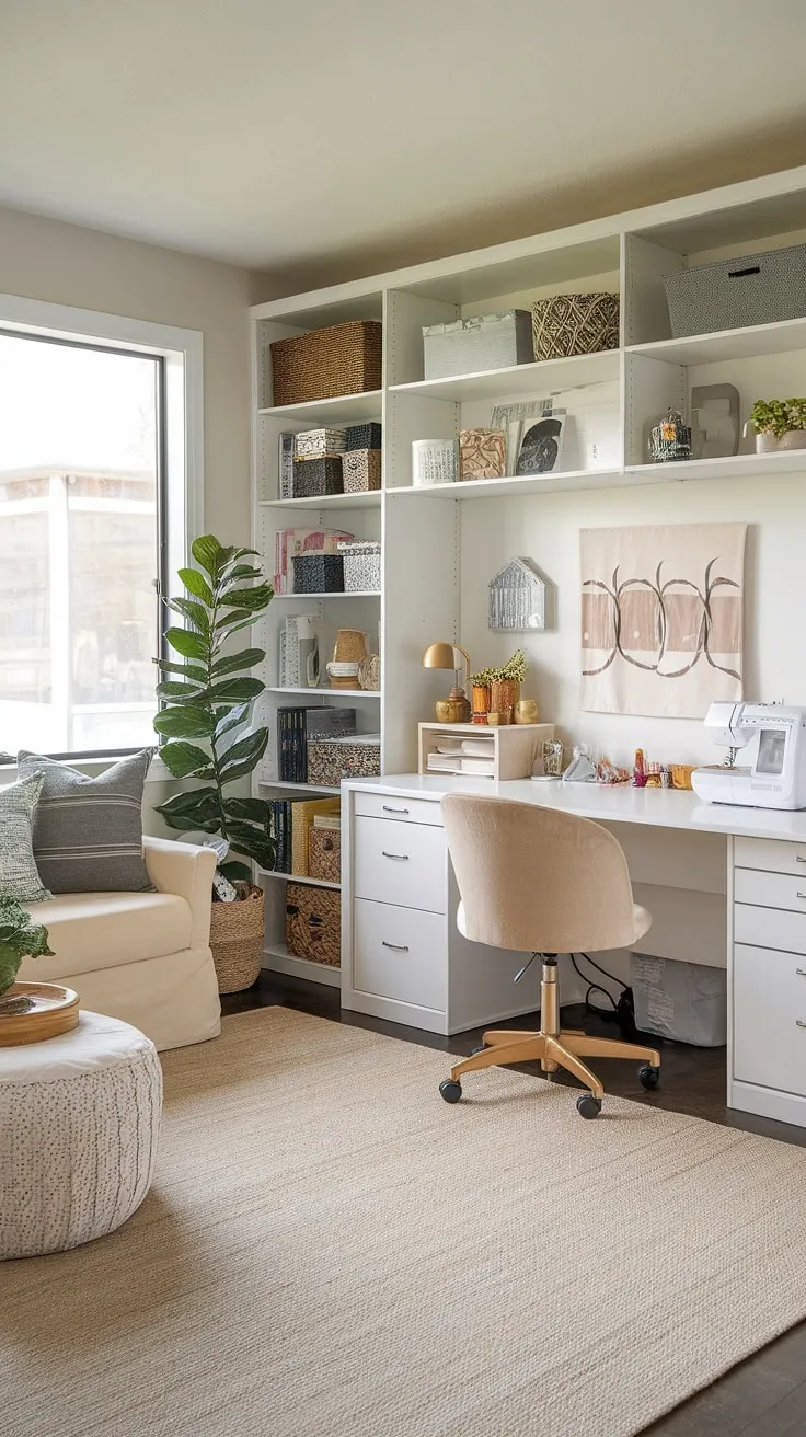 My office craft room combo is officially finished!  This craft room design was a labor of love, and a true test for the One Room Challenge.  I'm so proud of how this craft space turned out, especially the craft room closet and white desk.  This sewing room design is everything I dreamed of – a true dream craft room.